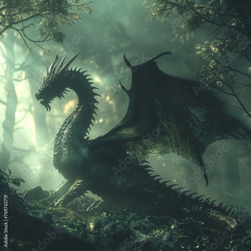 Dragon, majestic creature with shimmering scales, guarding a mystical treasure hoard, hidden within a fog-covered forest, magical ambiance, 3D render, silhouette lighting, High-angle view 