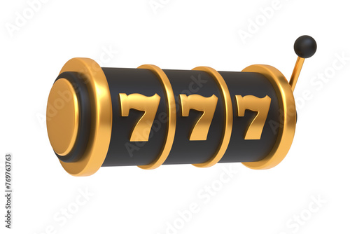 A sleek slot machine in gold and black colors showcasing the lucky triple sevens on a winning spin isolated on a white background. 3D render illustration