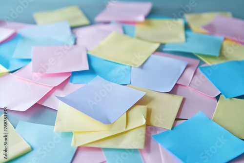 A collection of postit notes scattered across a desk , stock photographic, no contrast, no people, clean sharp, clean sharp focus, style