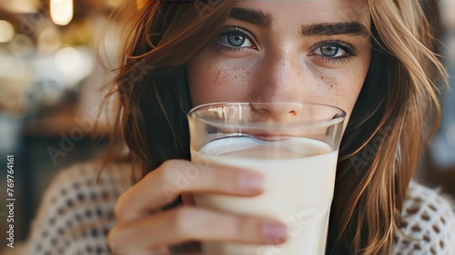 World Milk Day with a white girl drinking milk in a glass. photo