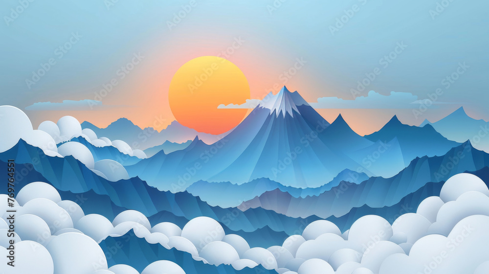 Digital illustration of tranquil mountains under a soft sunrise, ideal for peaceful background.