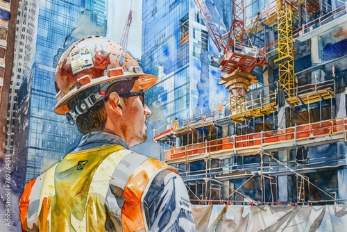 Construction worker overlooking a building site