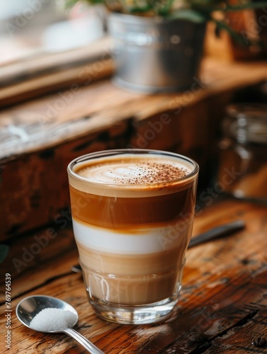 A latte is served in a clear glass, showcasing its layers, placed on a rustic cafe table alongside a spoon and sugar