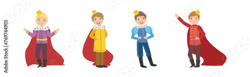 Cute Little Boy Prince with Golden Crown on Head Vector Set