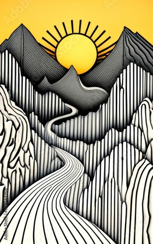 Illustration of black and white line art in the shape of mountains