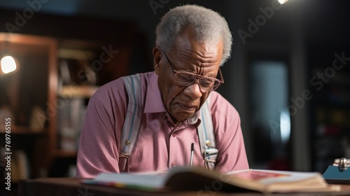 Elderly man concentrating on reading a book photo