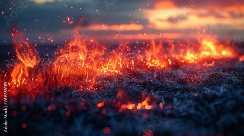Wildfire in a field at sunset