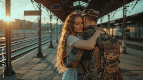 Depressed woman hugging her husband embraces a military man before leaving on war