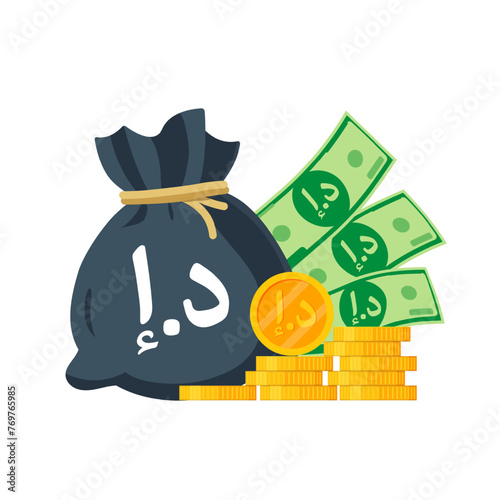 United Arab Emirates Money Vector Illustration. Dirham sack, coins and banknotes. Each object isolated.