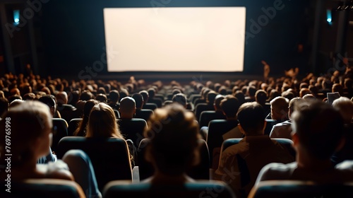 Audience enjoying a movie in a cinema with a bright screen and comfortable seating arrangements