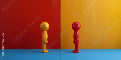 Two bold and colorful characters in a contrasting dialogue or debate showcasing different perspectives and ideas with copy space for text photo