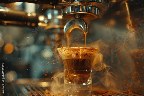 Espresso shot pours, steam rises, rich color against shiny espresso machine backdrop