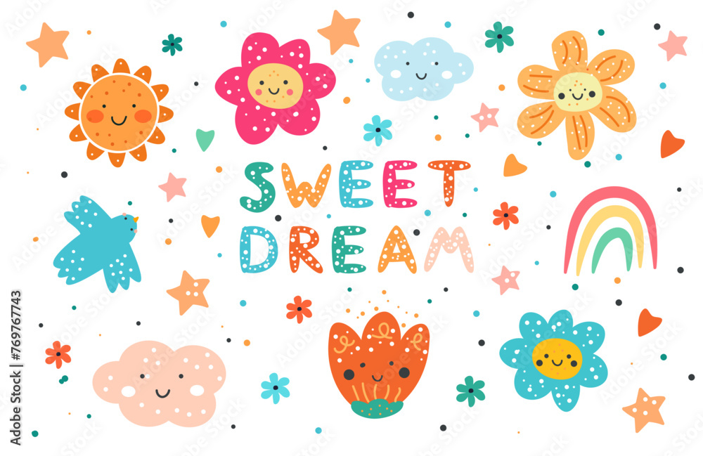Hand drawn rainbows, cloud and star cartoon baby texture for fabric textile wallpaper apparel wrapping, Rainbow seamless vector pattern background Hand drawn rainbows, cloud and star cartoon baby texture for fabric textile wallpaper apparel wrapping, Rainbow seamless vector pattern background