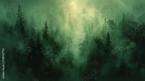 Misty pine forest with sunrays