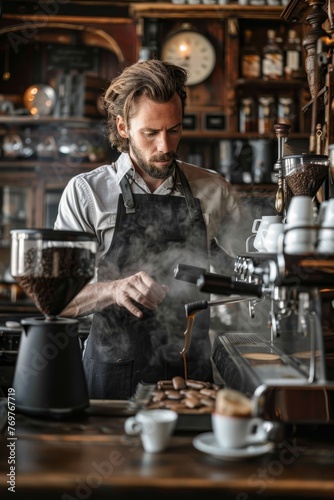 Barista behind espresso machine, focused and precise, steam rising, coffee shop hustle, vibrant atmosphere