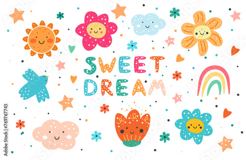 Hand drawn rainbows, cloud and star cartoon baby texture for fabric textile wallpaper apparel wrapping, Rainbow seamless vector pattern background