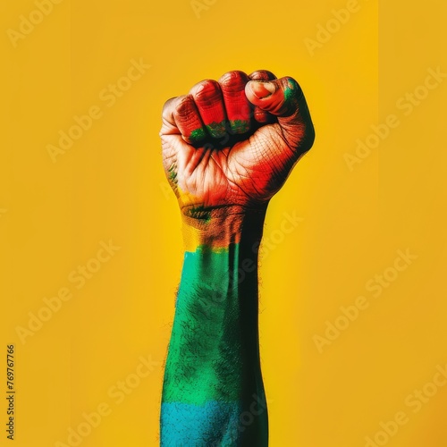 Painted fist raised against yellow background symbolizing empowerment and diversity