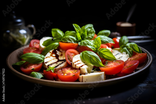 Caprese Salad, Fresh and simple Italian salad with tomatoes, mozzarella, basil, and balsamic