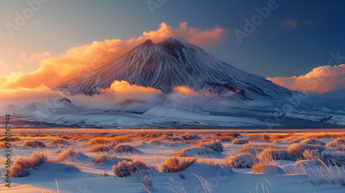 Volcano peaks covered with snow.
