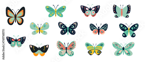 Cute flat vector butterflies, cartoon illustrations. Set vector insects © ElenaDoroshArt