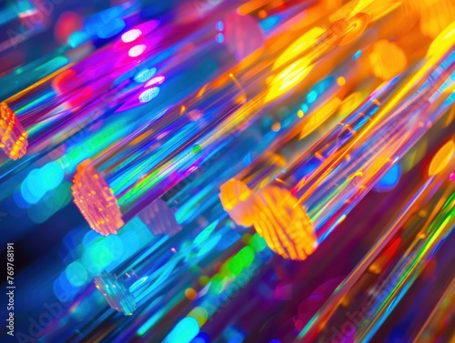 close-up of a glowing fiber optic cable bundle, vibrant colors representing high-speed data transmission, in the style of abstract art photo