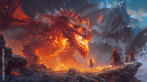 An armored knight faces a menacing dragon in a volcanic landscape under a dramatic fiery sky. photo