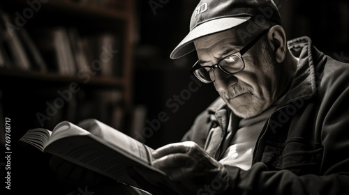 Elderly man intensely reading a book in a dimly lit room
