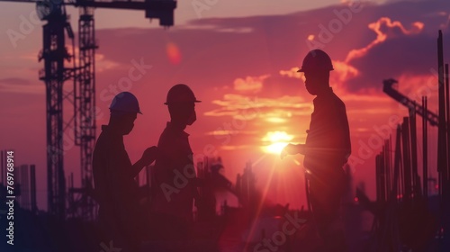 engineering work silhouette, sunset background, sunrise, construction field concept