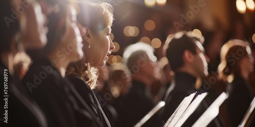 A church choir performing a sacred choral piece during a worship service.  photo