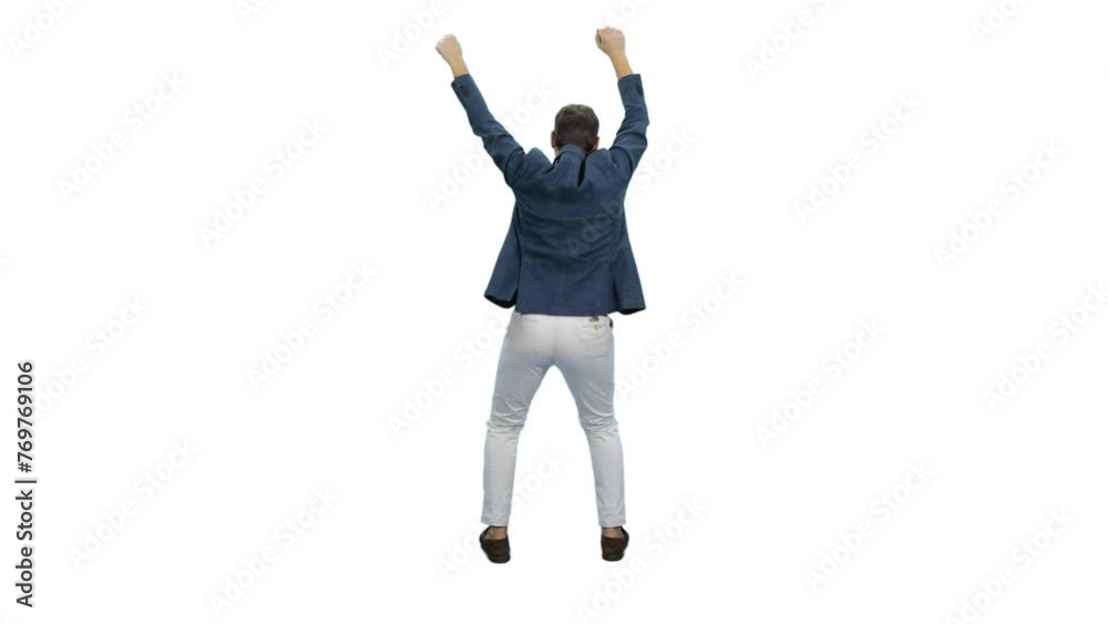 Young adult man fan in white jeans and blue jacket cheering on transparent background, Back view, Full HD footage with alpha channel 