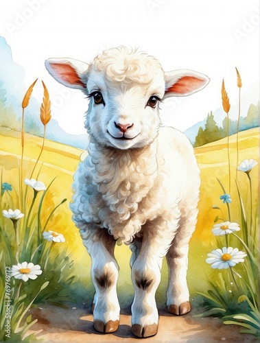 cartoon image with cute lamb on meadow - illustration for children. Generative AI.
