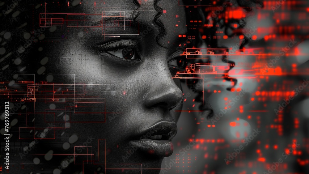 Black woman cyber security expert. With AI code illusminated overlay around her. Working in a data center. Female Computer Engineer. Generative AI.
