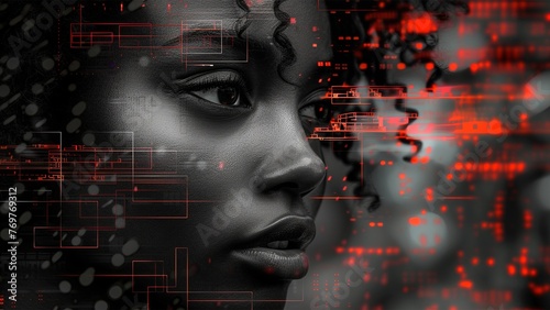 Black woman cyber security expert. With AI code illusminated overlay around her. Working in a data center. Female Computer Engineer. Generative AI.