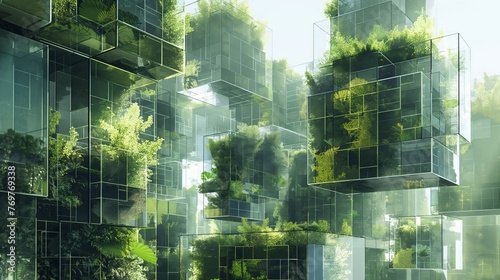 Lush greenery envelops modern glass buildings, symbolizing eco-friendly futuristic city living. © cherezoff
