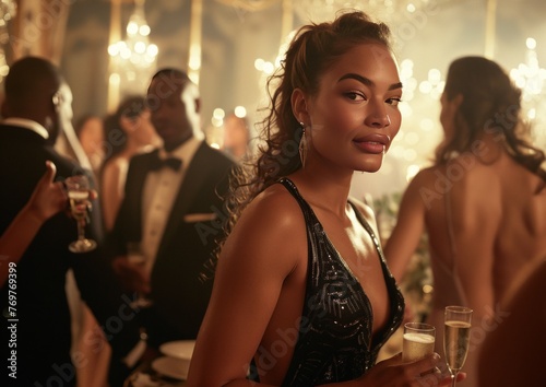 Woman in elegant black dress smiles while holding champagne at formal event