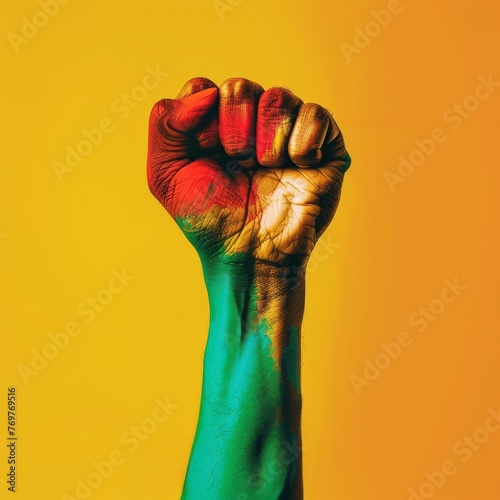 Colorful painted fist raised against a yellow background symbolizing empowerment and diversity photo