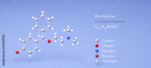 bromazine molecule, molecular structures, h1 receptor antagonists, 3d model, Structural Chemical Formula and Atoms with Color Coding photo