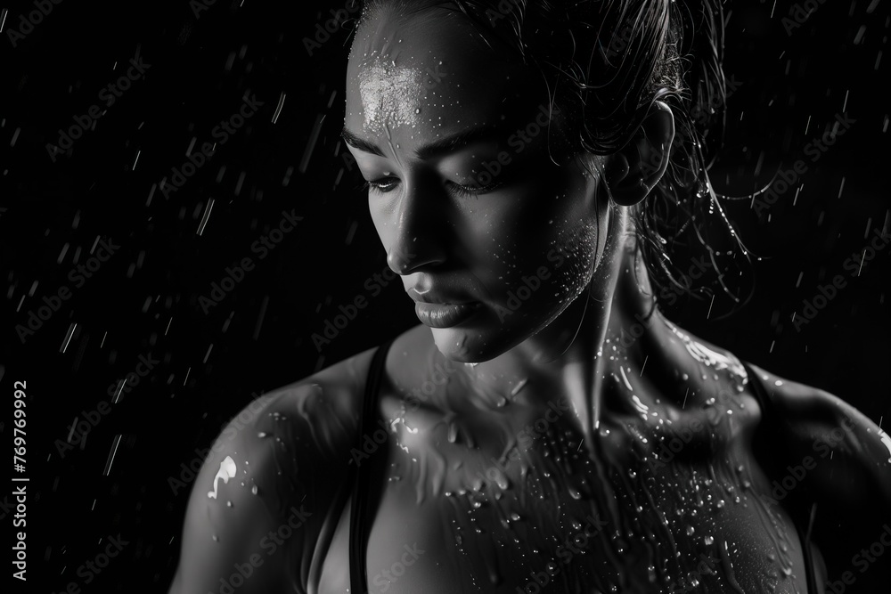 a woman in the rain with her wet body, gym, workout, motivation, fitness