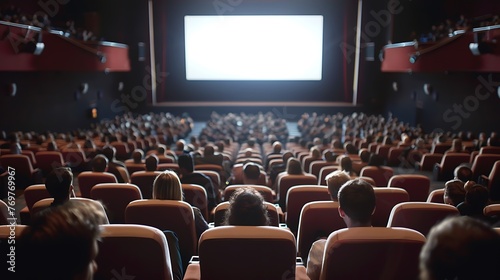 Moviegoers in a cinema hall eagerly await the film to start with a blank screen.