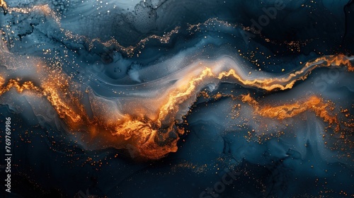 Abstract paint background by deep blue and gold color with liquid fluid texture in luxury concept © tydeline