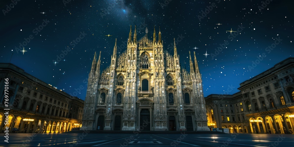 A majestic cathedral illuminated at night with lights shining from within. 