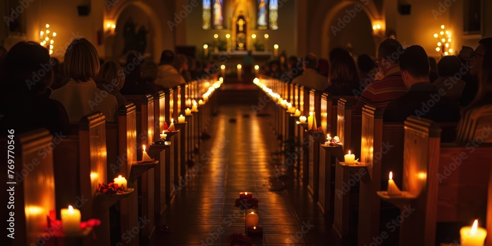 A candlelit prayer vigil taking place inside a dimly lit church. 