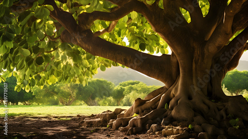 Serene Solitude: A Lush Fig Tree Bathed in Subtle Sunlight, Brimming with Ripe and Young Fruits photo