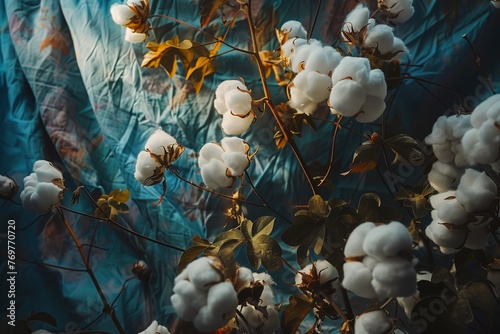 fluffy white cotton buds on a dark blue fabric background
