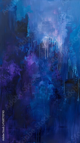 Abstract blue and purple painting with dripping texture