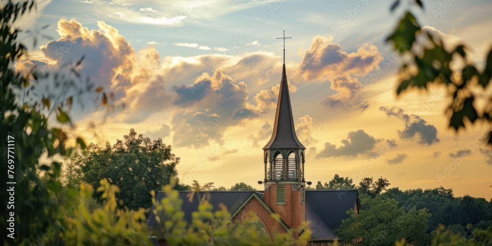 An ornate church steeple rising above the surrounding landscape. 