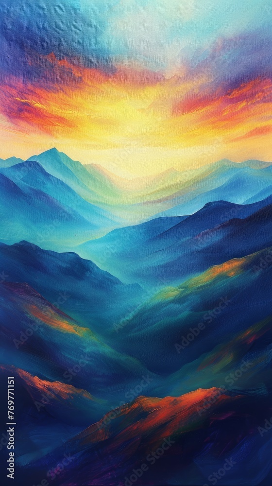 Colorful abstract mountain landscape at sunset