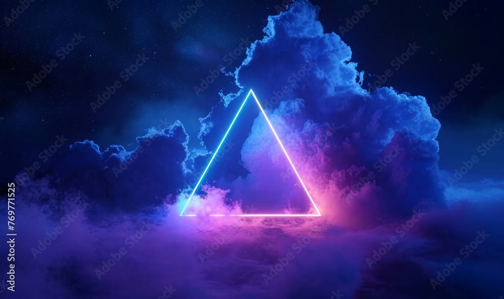 endless 3d animation. Minimalist neon background with glowing triangular shape and spinning cloud. Triangle of light in the night stormy sky, abstract, Generative AI 