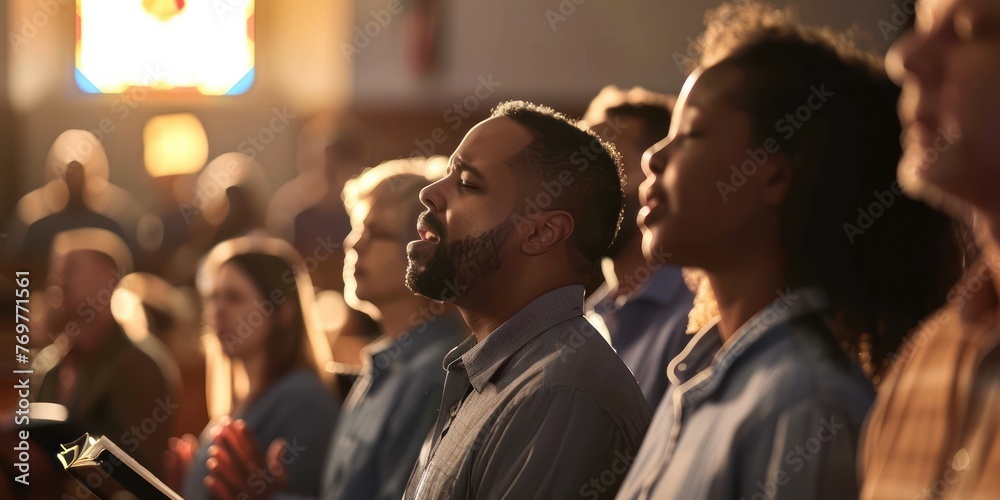 A group of worshippers singing hymns together during a church service.  - obrazy, fototapety, plakaty 