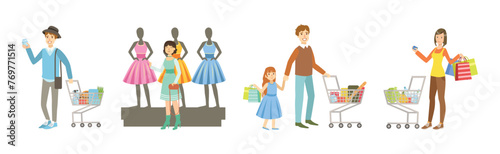People Character with Shopping Bags Enjoy Sale Vector Set
